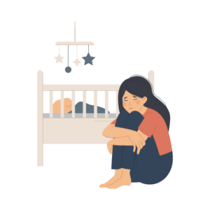 산후우울증으로 인해 아기 옆에서 쭈구려 우울한 표정을 짓고 있는 여성