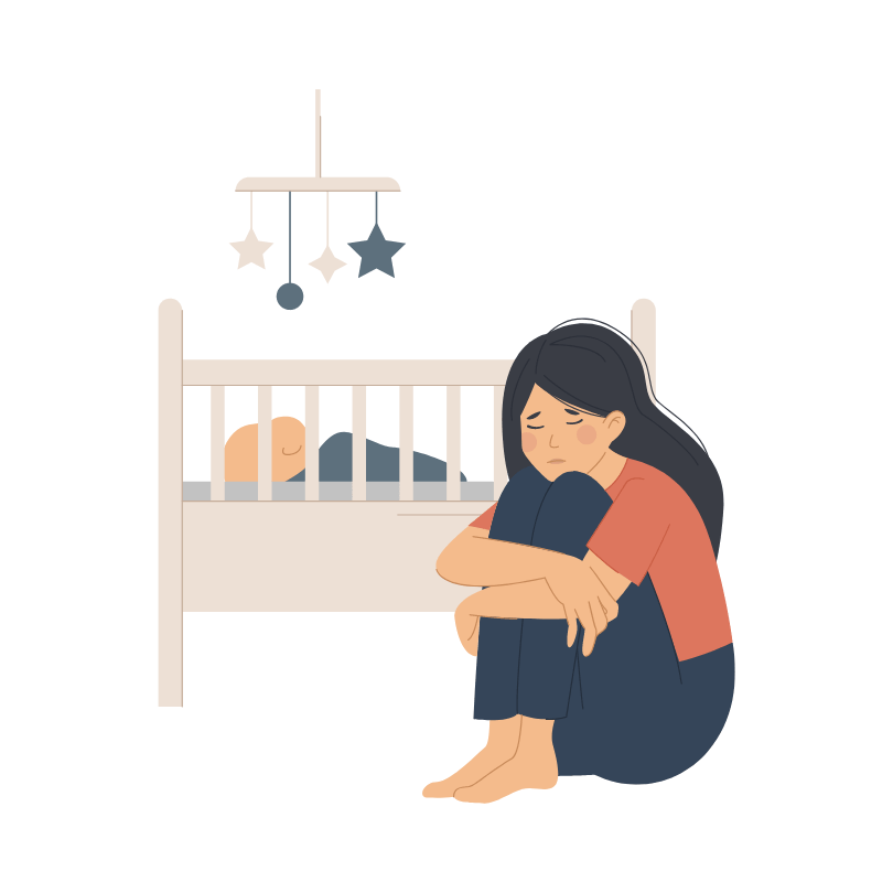 산후우울증으로 인해 아기 옆에서 쭈구려 우울한 표정을 짓고 있는 여성 - 산후 우울증
